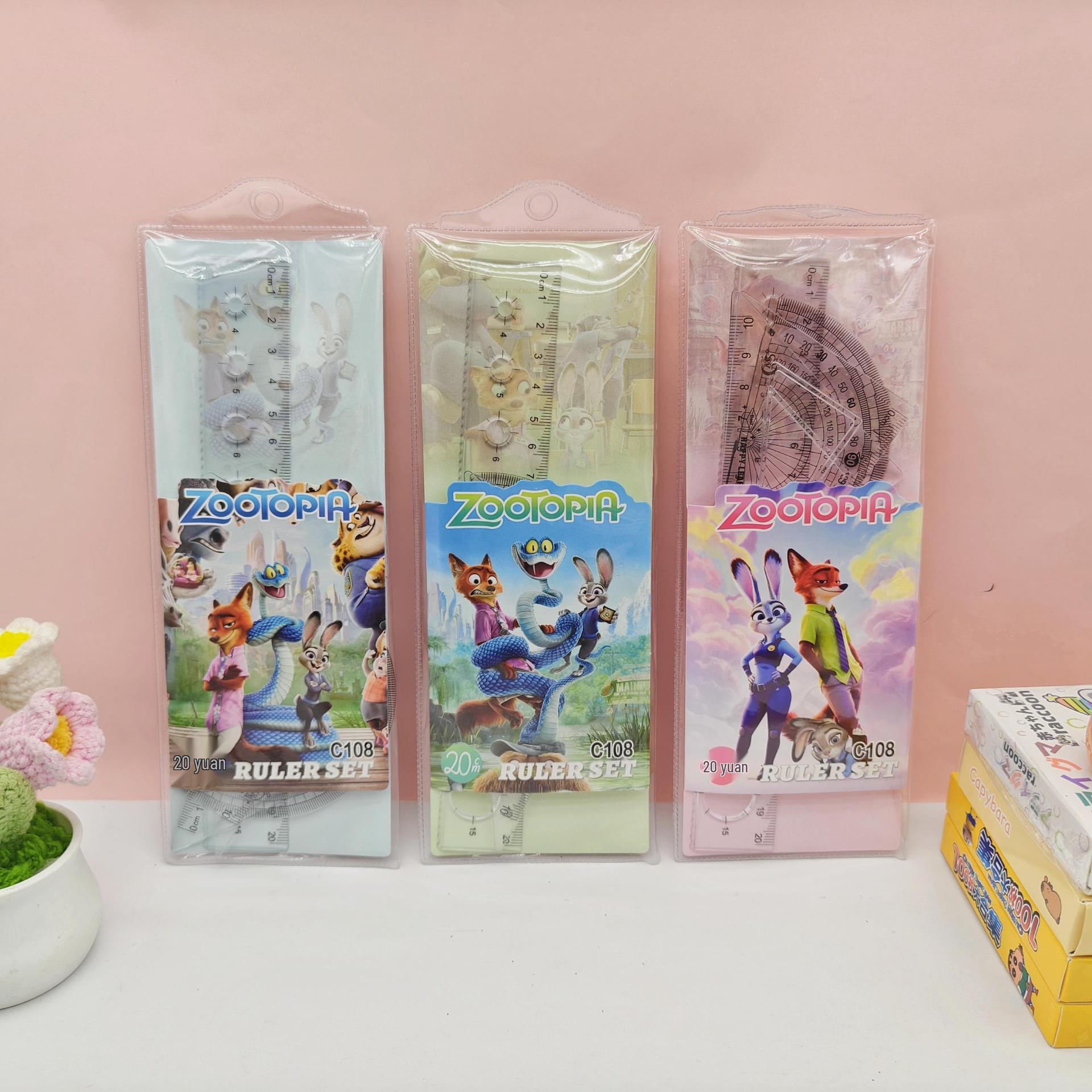 Zootopia Cartoon Ruler Set: 20cm Triangle, Protractor, Transparent Straight Ruler for Students 20cm