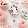 Clear Acrylic Retractable Badge Reel Halloween Ghost Reel, Glitter Holder Clip, Cute Pink ID Name for Women Nurse Teacher Medical Office Worker