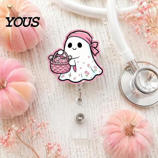 Clear Acrylic Retractable Badge Reel Halloween Ghost Reel, Glitter Holder Clip, Cute Pink ID Name for Women Nurse Teacher Medical Office Worker