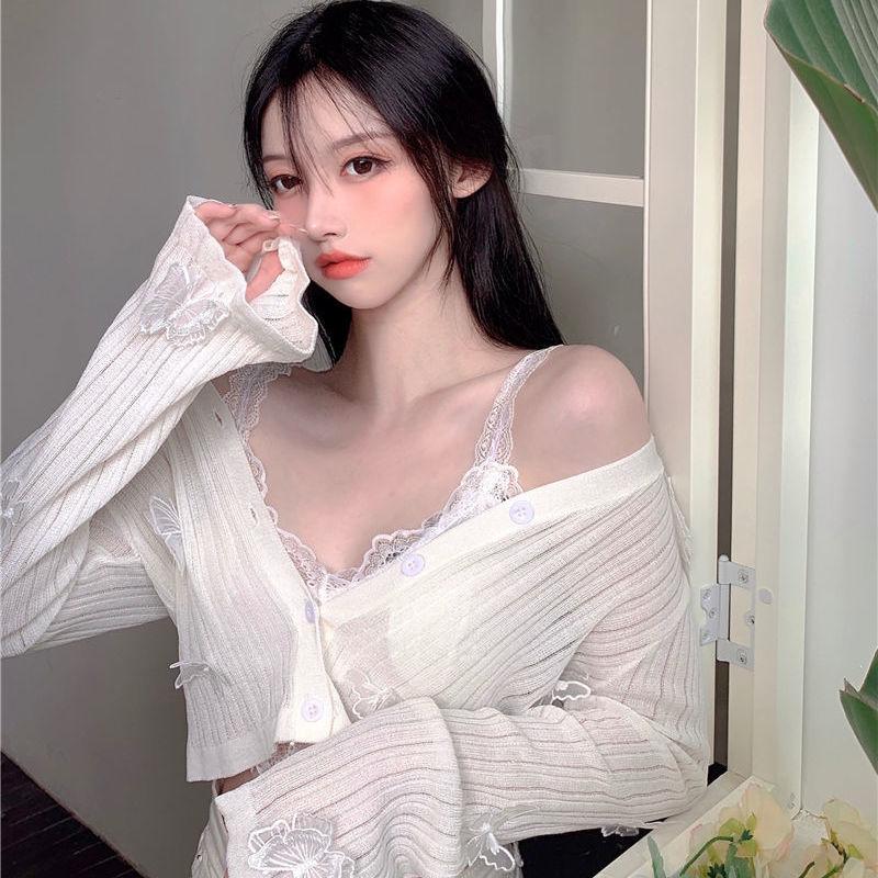 Butterfly Knit Cardigan Women Korean Sexy Short Cardigan Summer Sunscreen Long-sleeved Jacket Knitted Crop Top