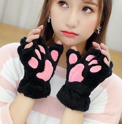 Winter Thickened Fluffy Bear Paw Half Finger Gloves Cute Cartoon Cat Paw Open Finger Gloves For Girls