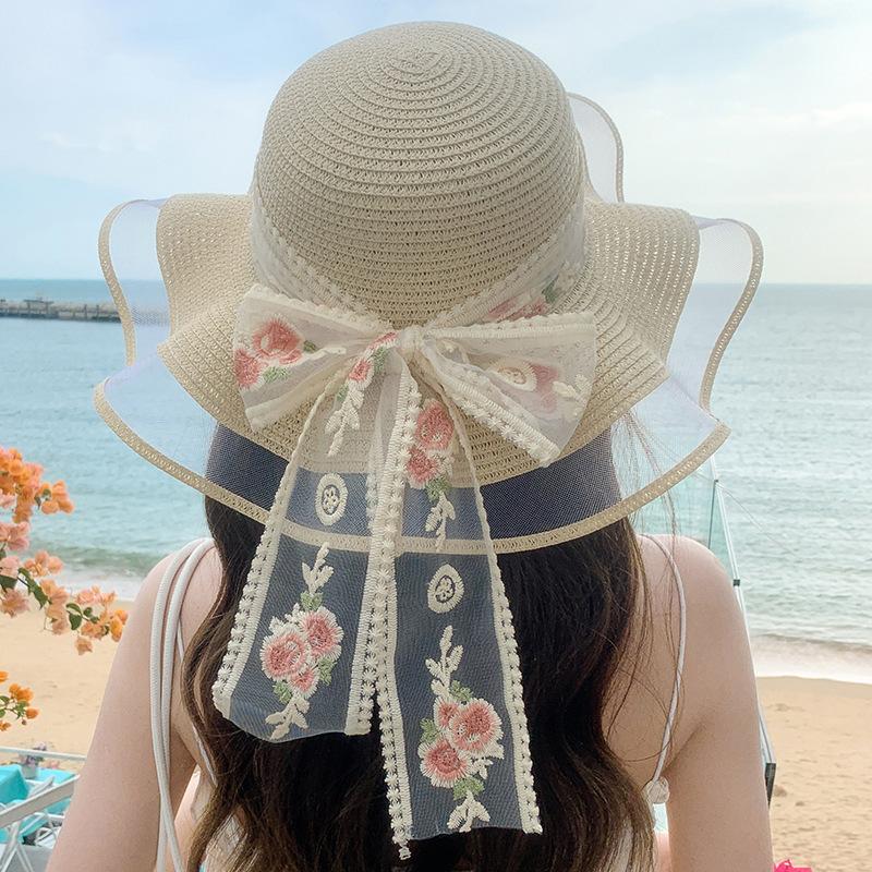 JYL TS DIY Sweet Straw Hat Wide Brim Beach Cap Woven Straw