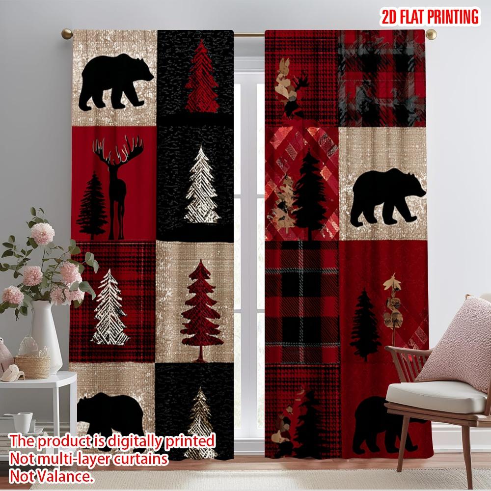 

2pcs,2D plane printing Pattern Curtains Red checkered bear deer forest Polyester Fabric (without rod) Home Decor Perfect for 52.50×116.00 CM 2pcs