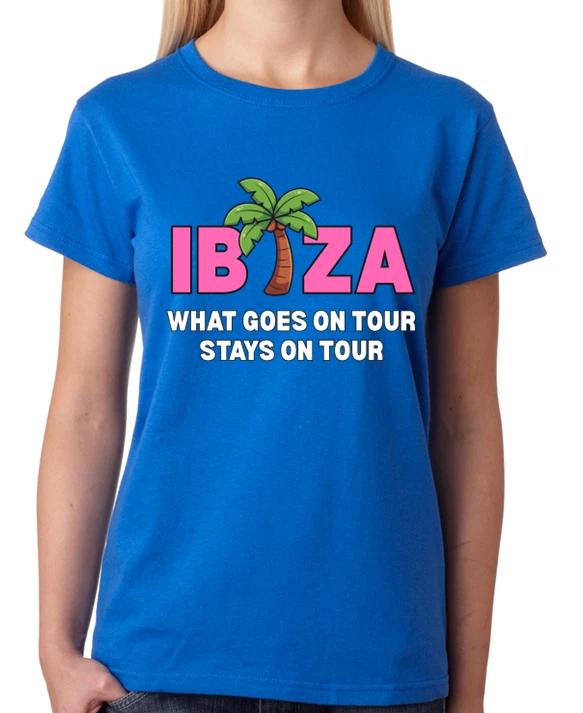 Ibiza What Goes On Tour Stays On Tour Ladies T-Shirt Party Vacation Tee L
