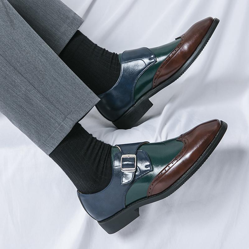 Monk Shoes Men PU Color Blocking Buckle Carving Fashionable Business Casual Men Shoes Large Sizes 38-48