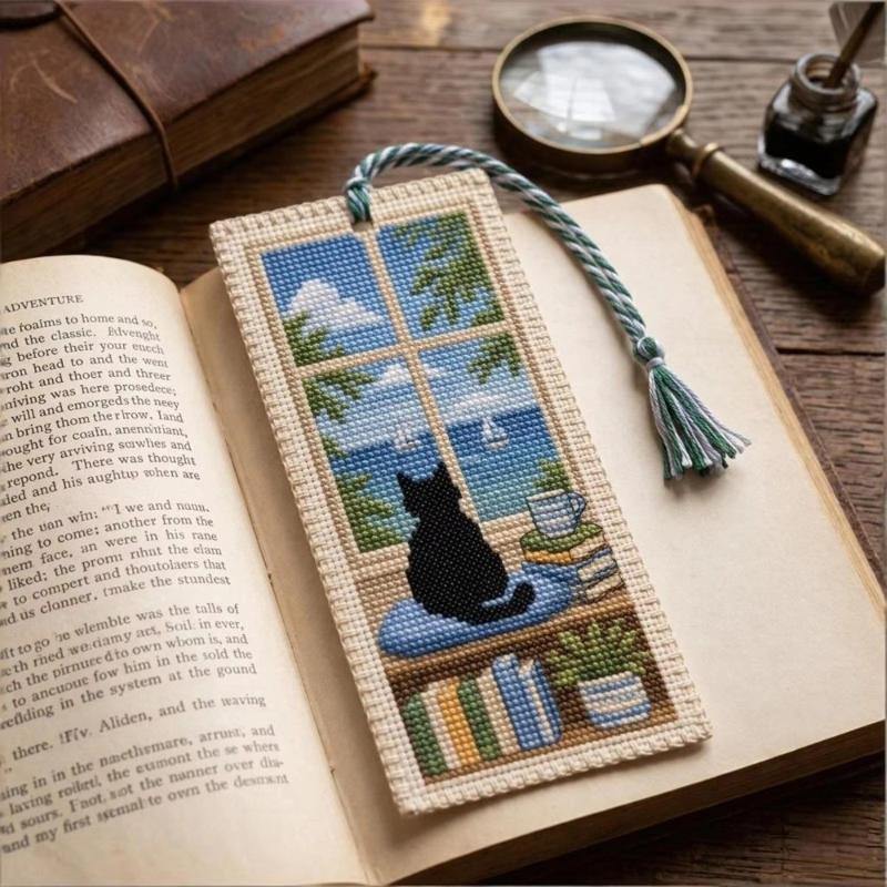DIY Seasonal Cat Cross Bookmark Material Kit Handcrafted Braided Rope for Art Craft Enthusiasts Personalized Book Accessory Gift