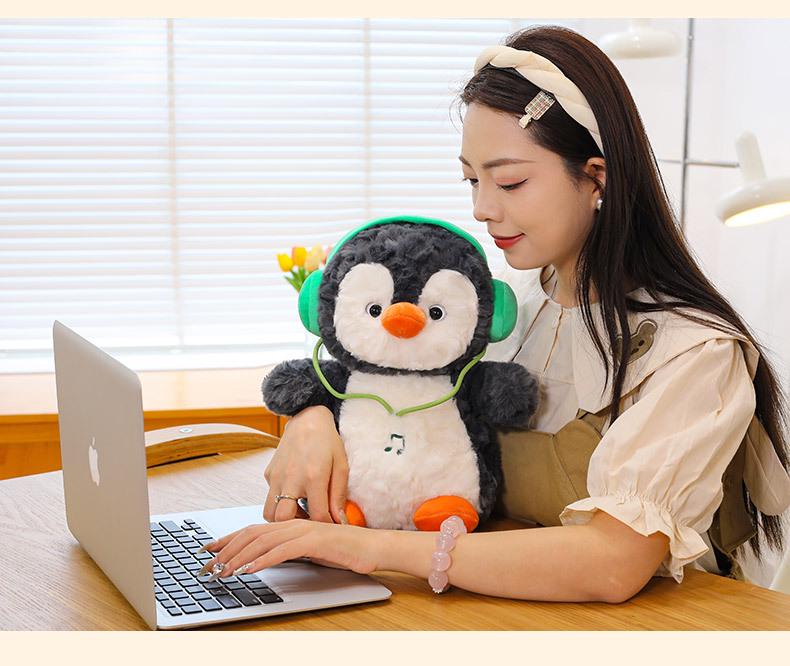 Chubby Penguin Plush Toy with Fun Headphones - Cute Cartoon Doll Gift for Girls