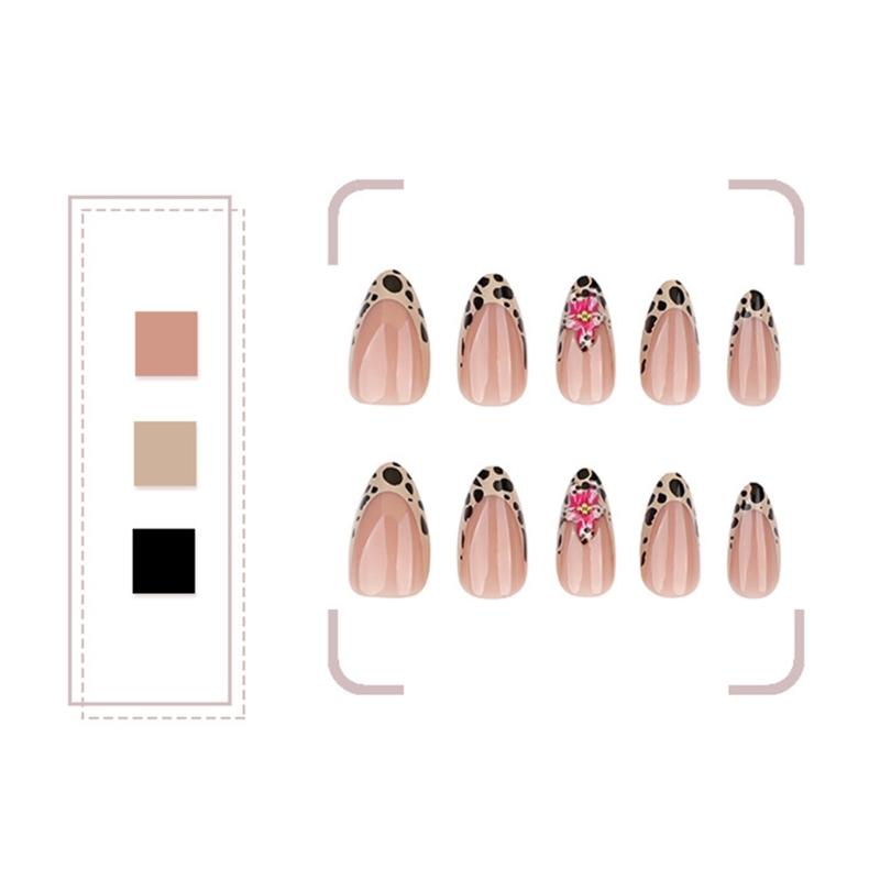Press on Nail Short Almond Acrylic Autumn Winter Leopard Floral Designs Nail Stick on Nail For Fashion Women And Parties