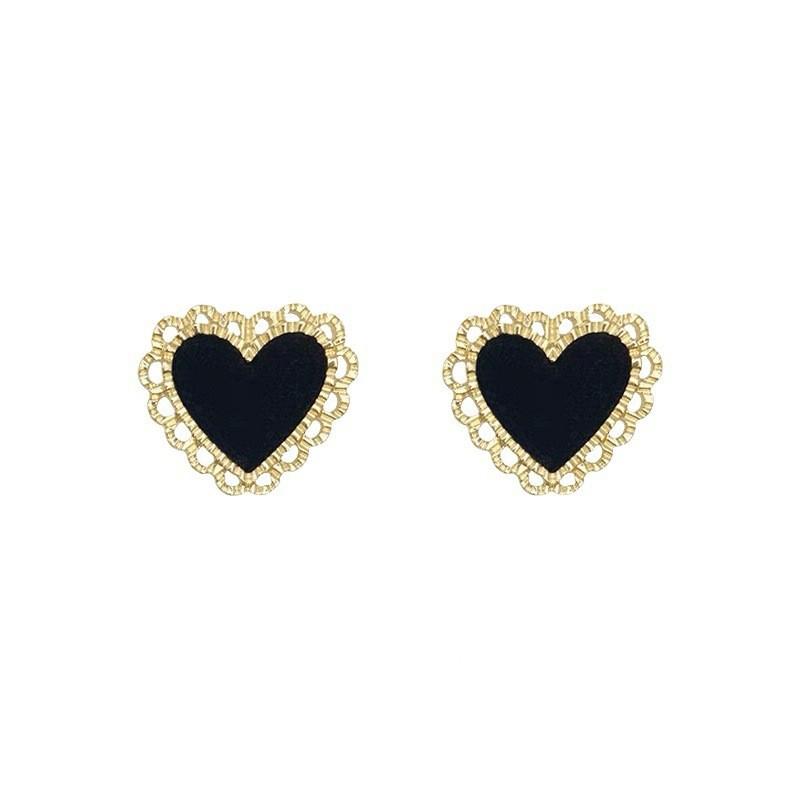 Geometry Black Heart Stud Earring for Women French Elegant Sweet Ear Wedding Party Jewelry Accessory