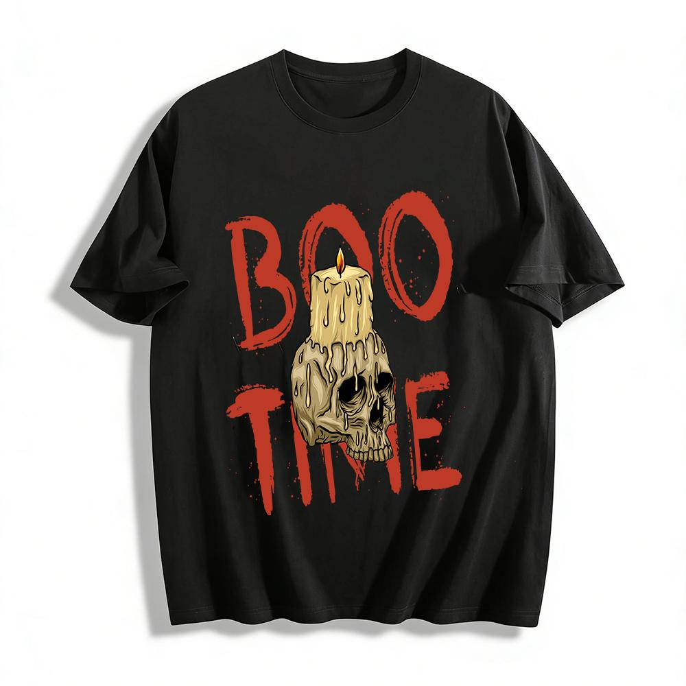 Halloween Skull Candle BOO TIME Graphic Casual Print Top Pure cotton T-shirt XXS