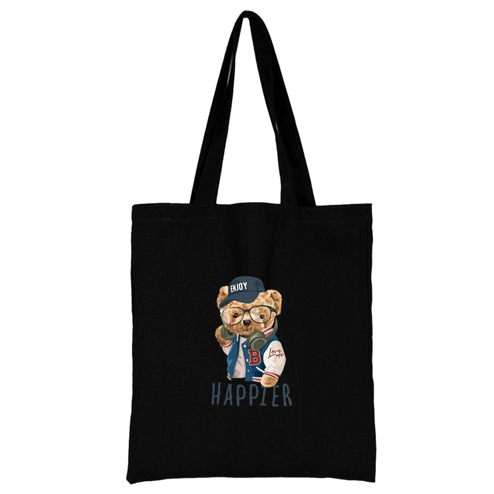 Summer New Teddy Bear Series Canvas Tote Bag Harajuku Style Black Printing High Capacity Shoulder Bag Fashion Shopping Bags