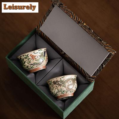 Set 2 pezzi Tazza da tè in ceramica Drago Fenice Cinese Fatta a mano Argento dorato Tazza da maestro Tazza da tè per coppia Degustazione Ciotola da tè Mug Regalo per bere