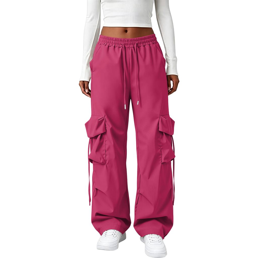 Hohe Taille Gerade Bein Lockerer Schnitt Lange Hosen für Damen Lässige Weite Hosen mit Mehreren Taschen Kordelzug Taille Design