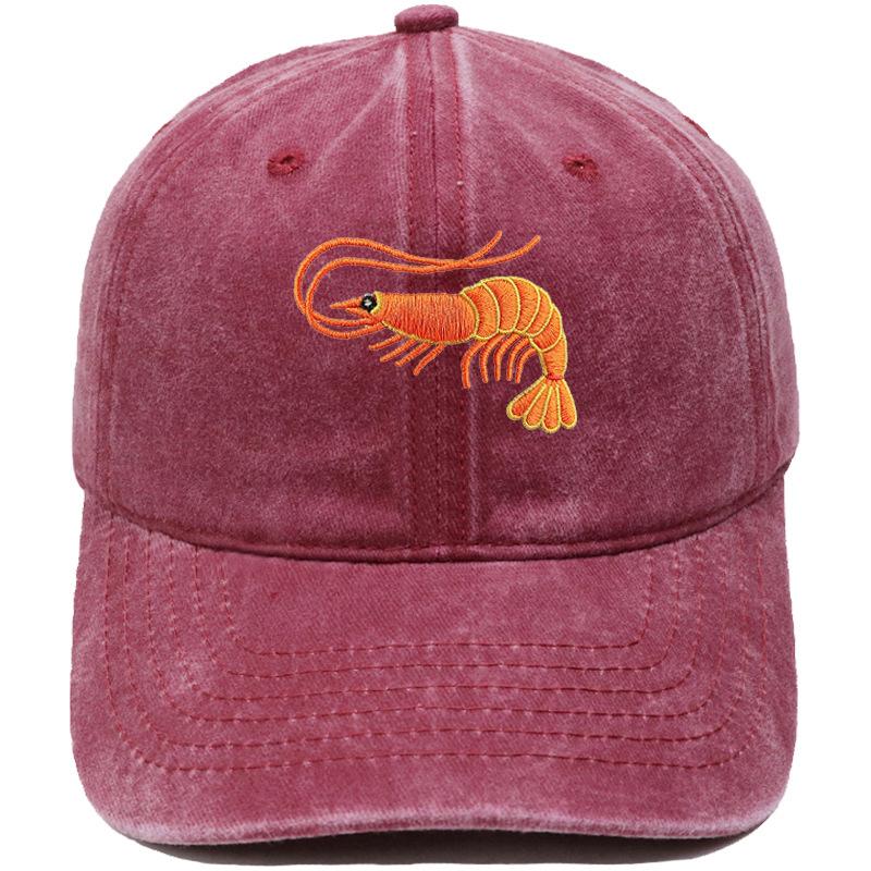 Neue Niedliche Orange Garnele Bestickte Baseballkappe Gewaschen Vintage Meeresbewohner Herren und Damen Lässige Sonnenschutzkappe