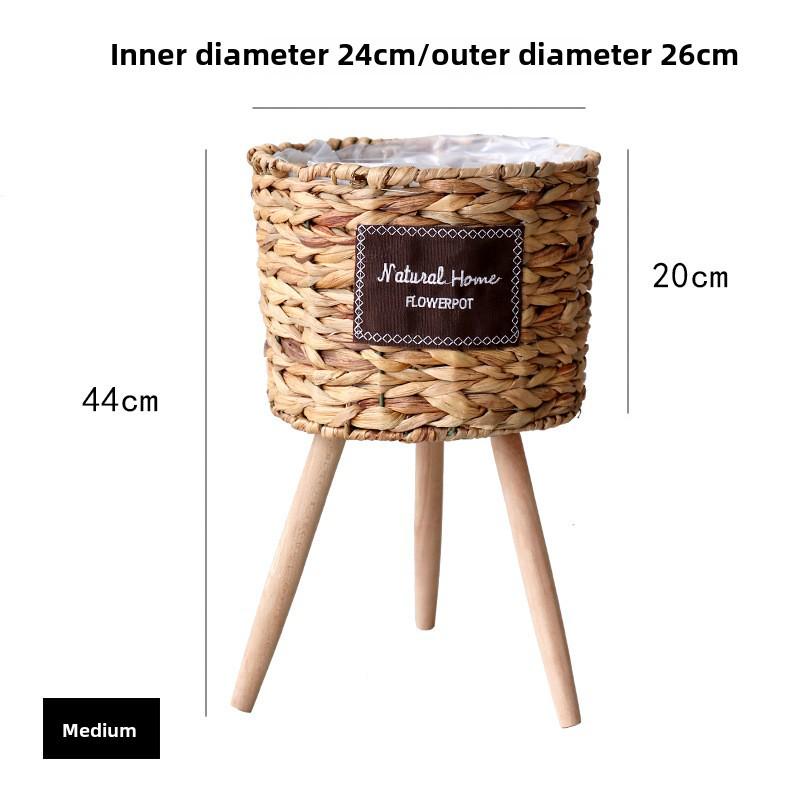 Nordic Rattan Straw Flower Basket with Wooden Stand for Indoor Decoration
