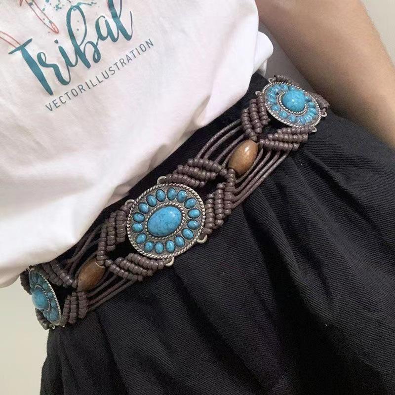Bohemian Alloy Turquoise Resin Bead Woven Waist Rope for Women