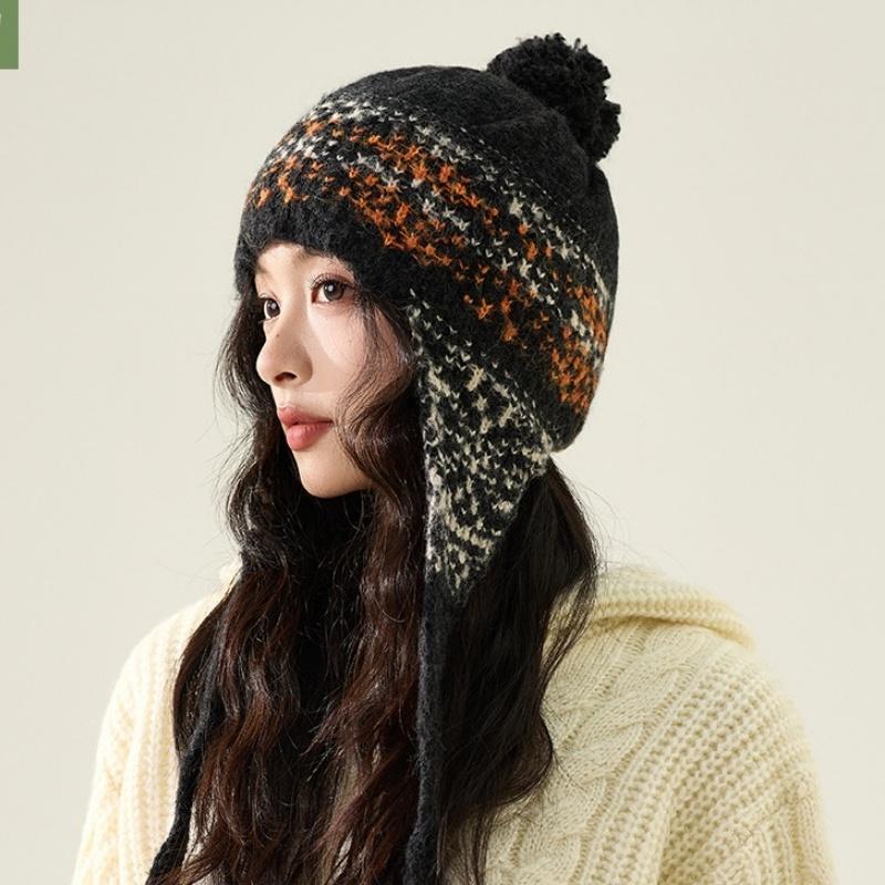

Autumn-Winter Ear-Warming Knitted Hat for Women Fair Isle Style Sweet and Cute Jacquard Ethnic-Inspired Warm Woolen Beanie One Size