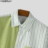INCERUN Men Striped Shirts Casual Short Sleeve Patchwork Buttons Up Tops