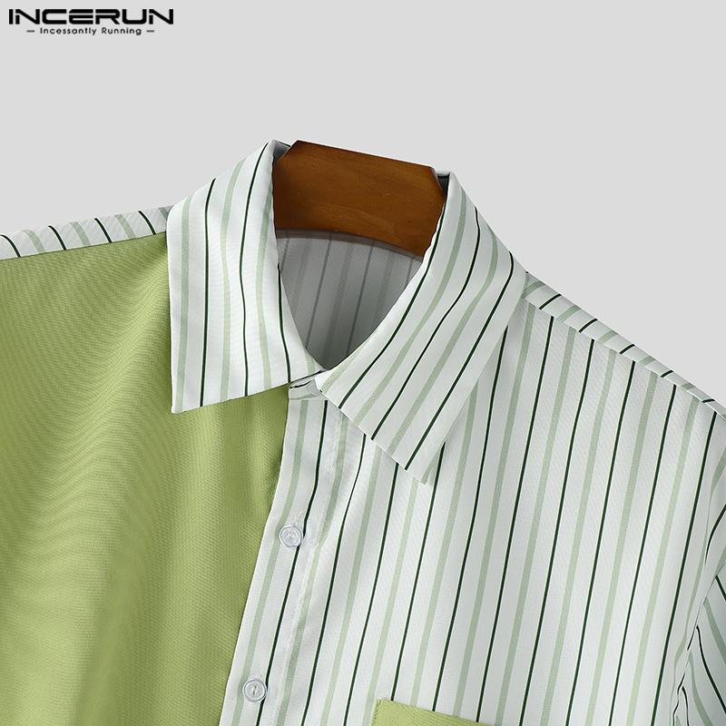 INCERUN Men Striped Shirts Casual Short Sleeve Patchwork Buttons Up Tops