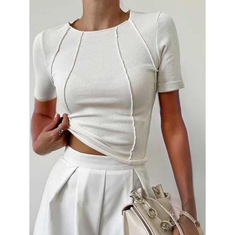 

Женская однотонная футболка с круглым вырезом и разрезом на груди. Новый летний облегающий топ. XXL белый