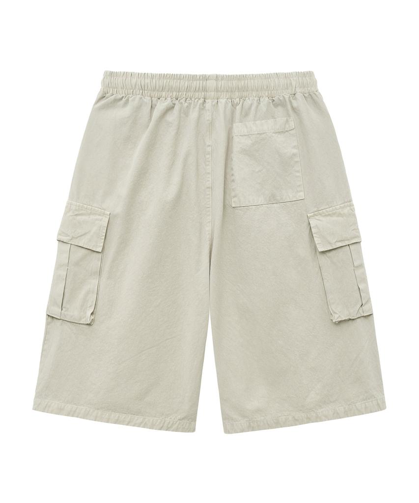 MOZMOZ Stonewashed Cotton Cargo Single-Pleat Wide Shorts Beige