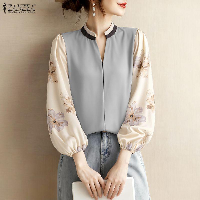 ZANZEA Women Casual V-neck Print Splice 3/4 Sleeve Loose Blouse