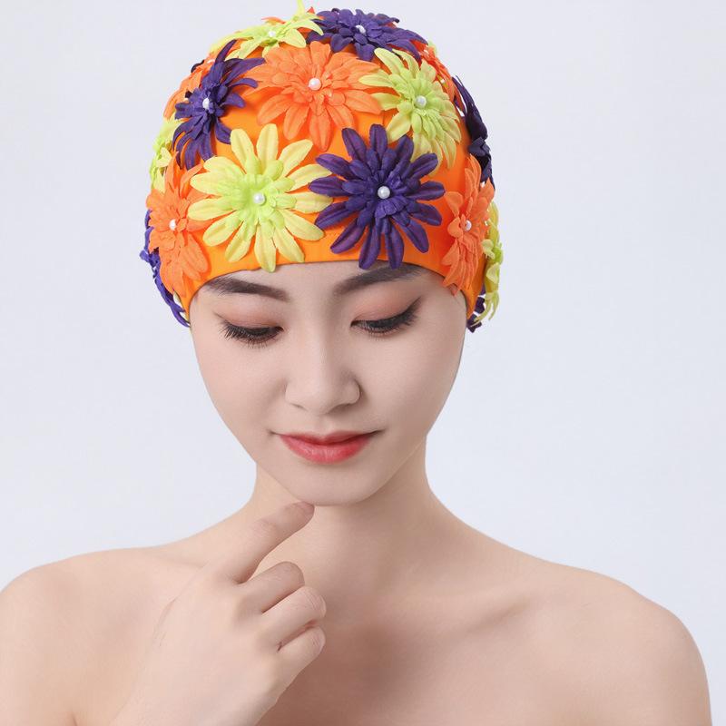 

Шапочка для плавання жіноча Квіткова з перлами Ручної роботи Тривимірна Ручна вишивка Барвиста Не тисне на голову Двошарова тканина Водонепроникна Шапочка для плавання