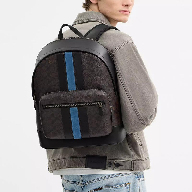 Coach West 32 Striped Monogram Coated Canvas Backpack Large Men backpack Gunmetal-Gray CDC54-QBWAN