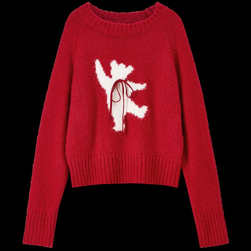 Women's V-Neck Bear Pattern Knitted Sweater