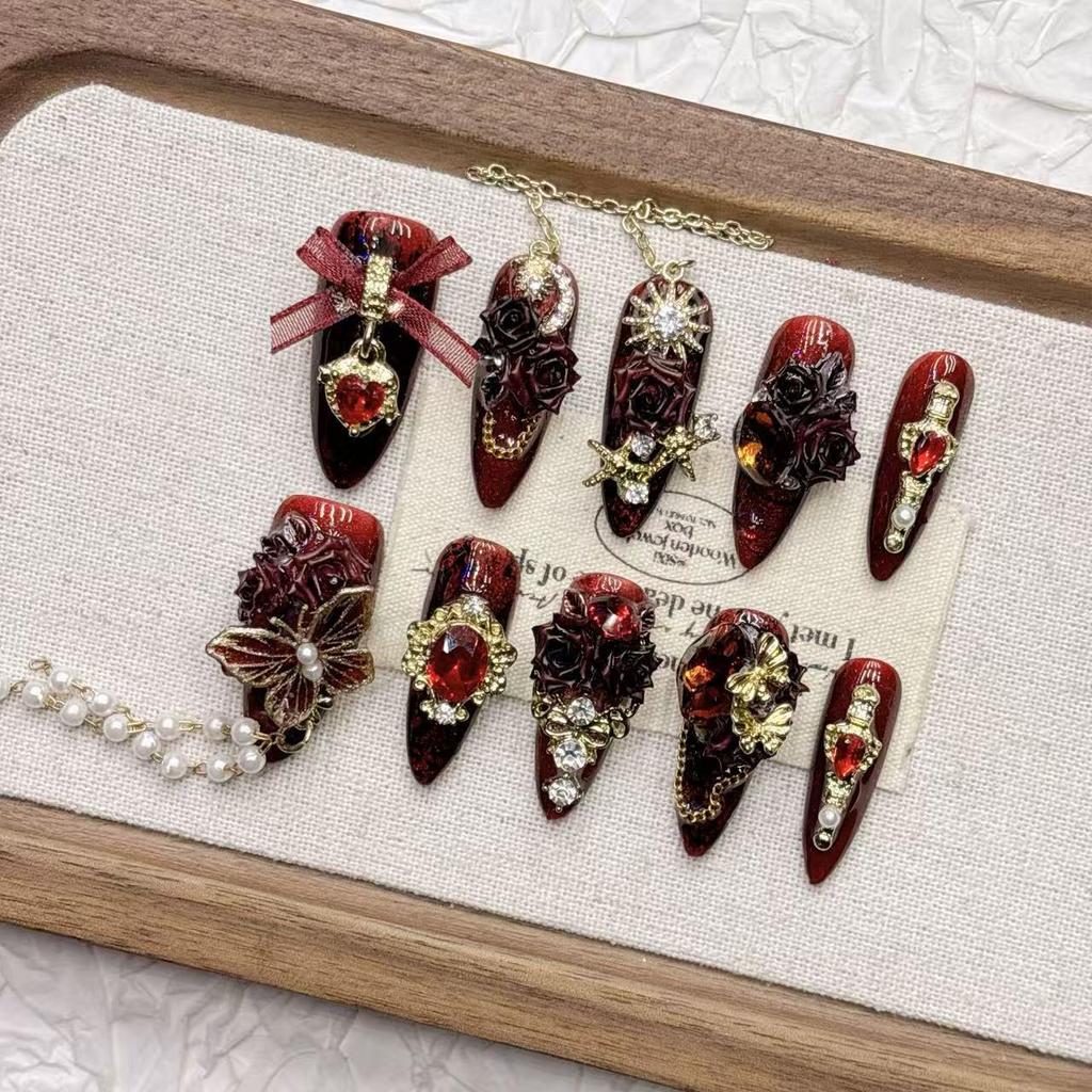 Dark Red Tassel 3D Butterfly High-End Handmade Wearable Nail Art