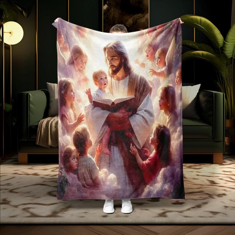 1PC Jesus Portrait Blessing Throw Inspirational Gifts and Prayers Religious Blanket Soft Cozy Warm Blankets for Women Men Gift