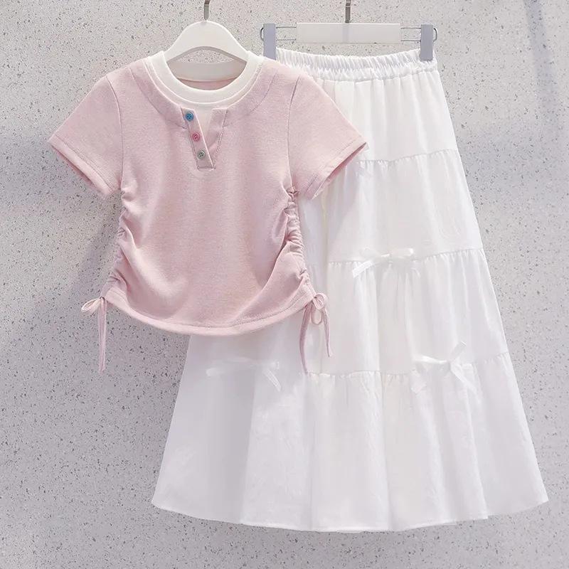 Girls' Summer Patchwork Short-Sleeve Skirt Set - Korean Casual Sweet Two-Piece Cake Skirt