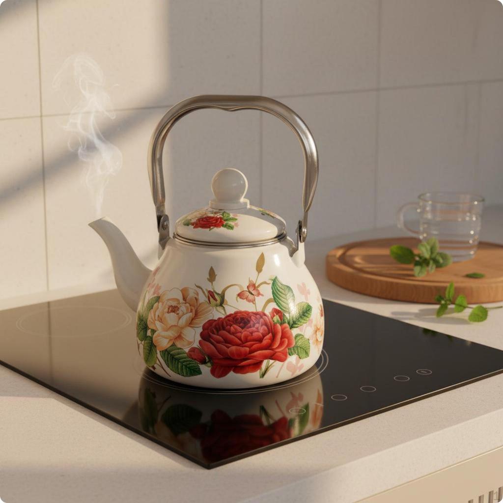 1L Enamel Kettle Induction Compatible Mini Stovetop Easy To Clean Floral Teapot