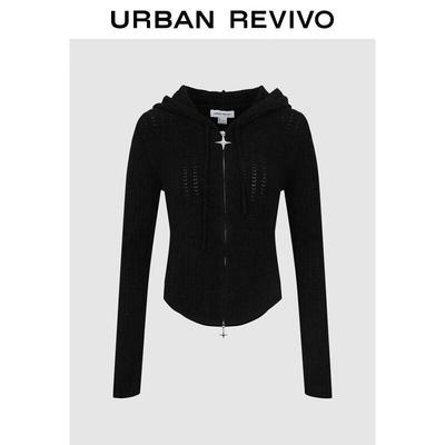 UR 2025 Winter Women's Hollow Hooded Knitted Cardigan