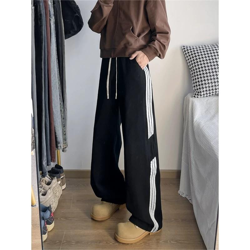 Mens Vintage 3-Stripes Washed Jeans Loose Wide Leg Streetwear Casual Pants