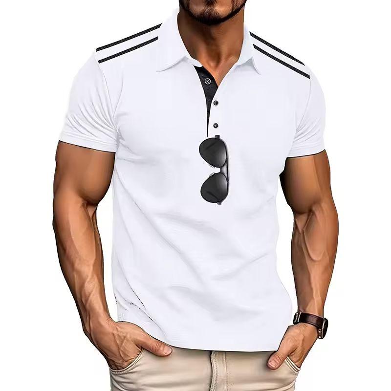 Buttons Retro Color Summer Men's Short-sleeved Lapel Polo Uniform Block Casual Loose Versatile Polo Shirt Clothing