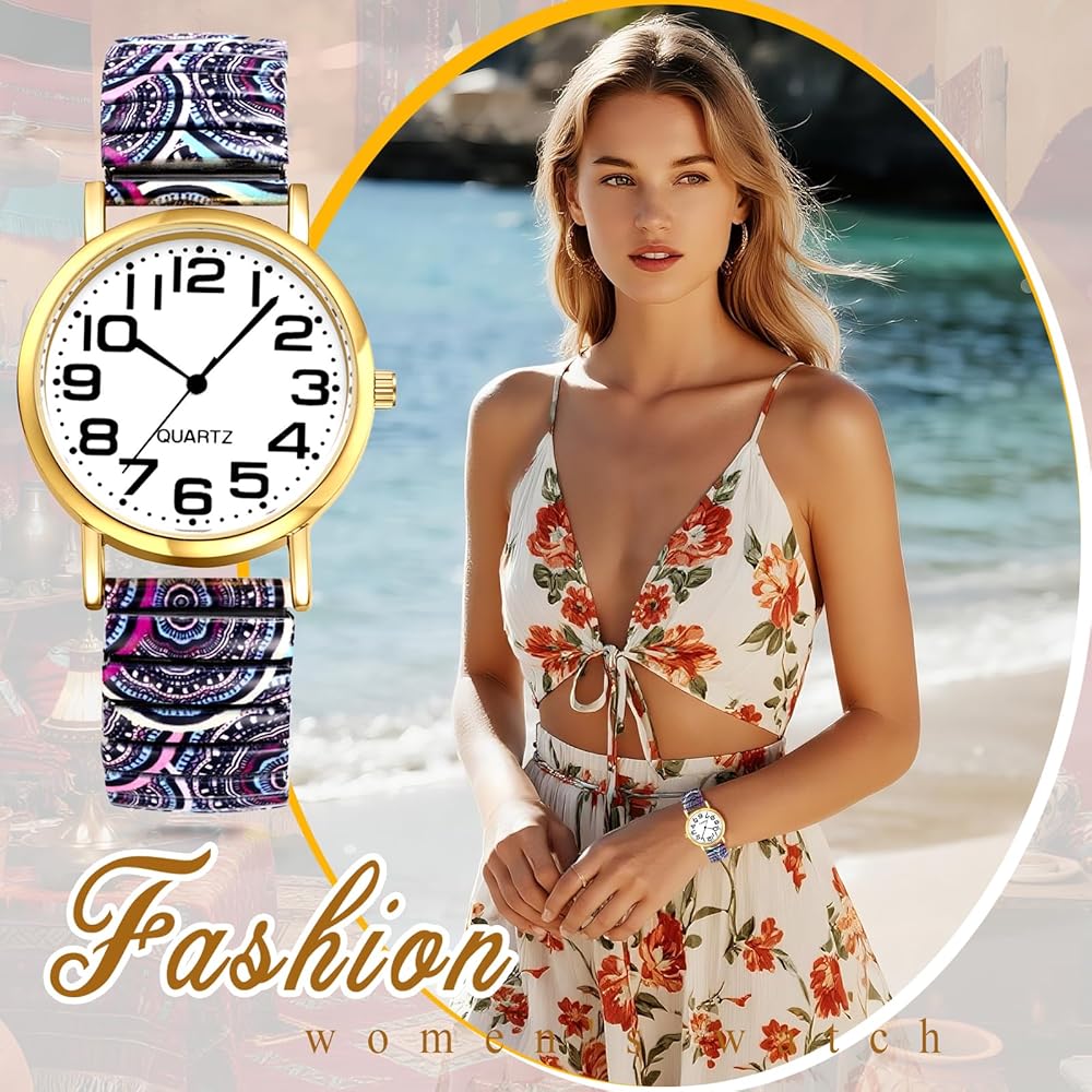 Bohemian Women's Quartz Watch with Elastic Band, Waterproof, Colorful Floral Print, Free Size, Analog Display