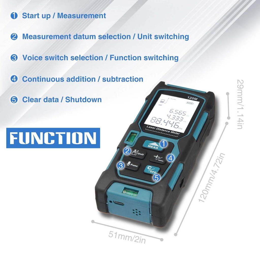 40m/60m/80m/100m/120m Lazerinis Skaitmeninis Matavimo Juosta Lazerinis Atstumo Matuoklis Lazerinis Diapazono Ieškiklis Matavimo Juosta Lazerinis Ieškiklis 120x51x29mm