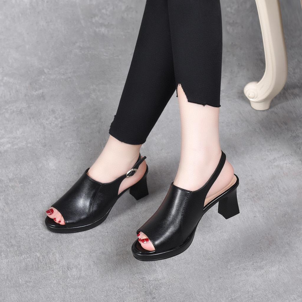 High-heeled sandals women's shoes 2025 summer new European and American style fish mouth waterproof table thick-heeled women's sandals cowhide fashio