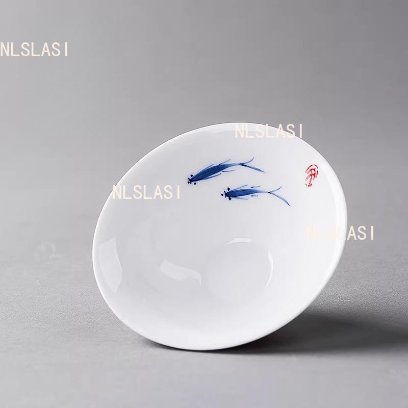 6pcs 30ml Ceramic Tea Cup Set Hand Drawn Small Fish Hat Cup Jingdezhen Blue and White Tea Cup Chinese Style Drinking Utensils