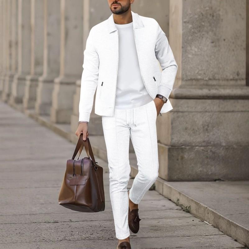 Mens 2-Piece Casual Set Waffle Knit Zip-Up Collar Jacket 2026