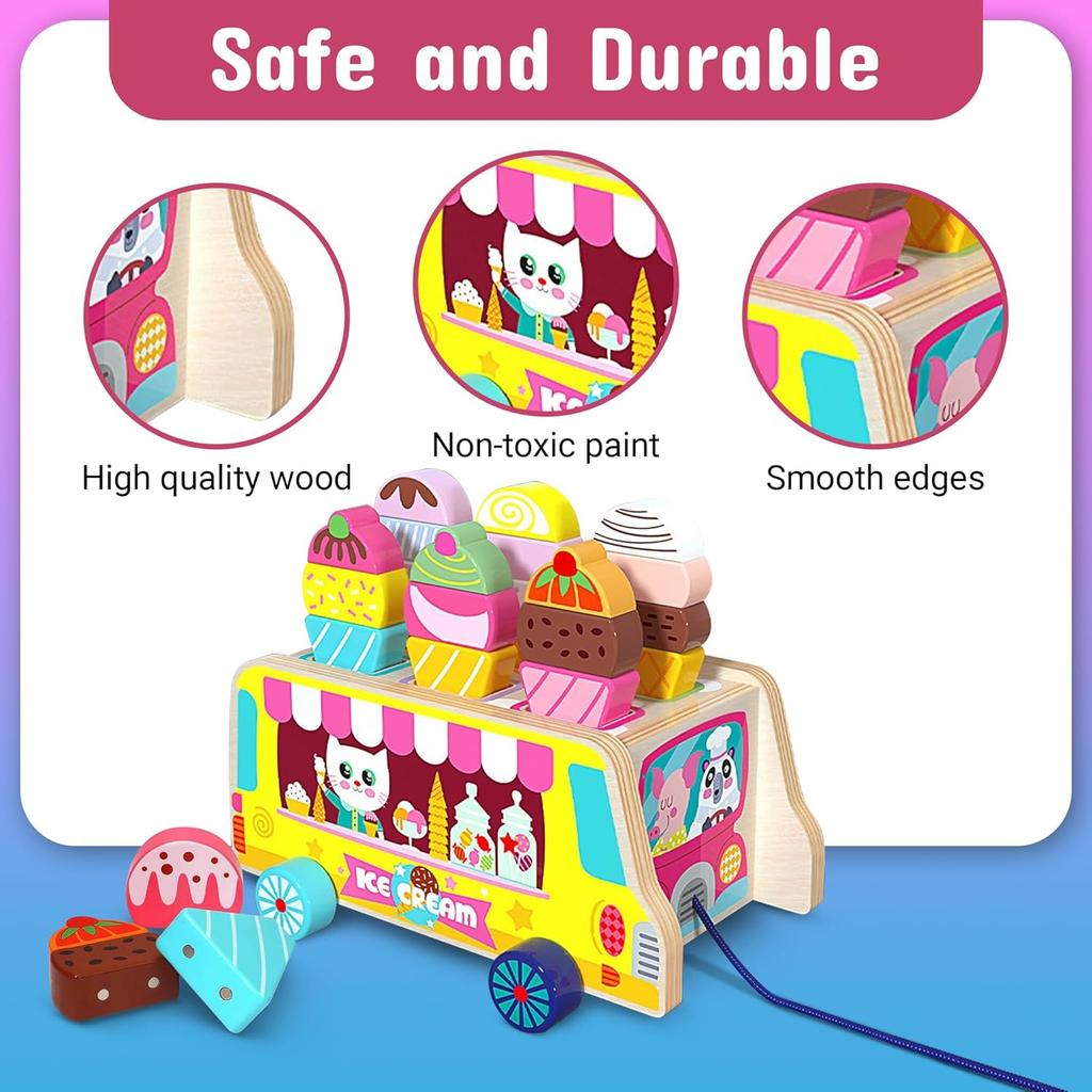 28 pcs Magnetic Ice Cream Sweet Treats Pretend Play Wooden Ice Cream Truck Food & Accessories Montessori Sorting Stacking Toys