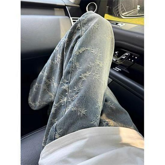 Women's Blue Jacquard Wide-Leg Jeans - Retro Spring Design with a Loose, Stylish Fit