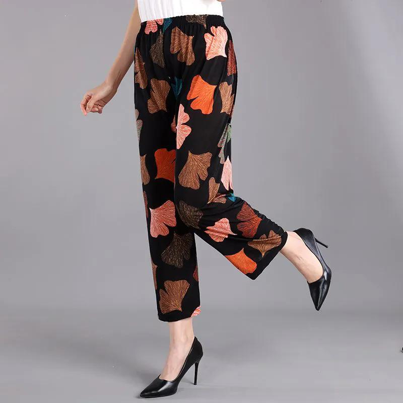 WTEMPO Ice Silk Wide Leg Pants Mother's Loose Cropped Pants Elastic High Waist Thin Printed for Women In Spring Summer
