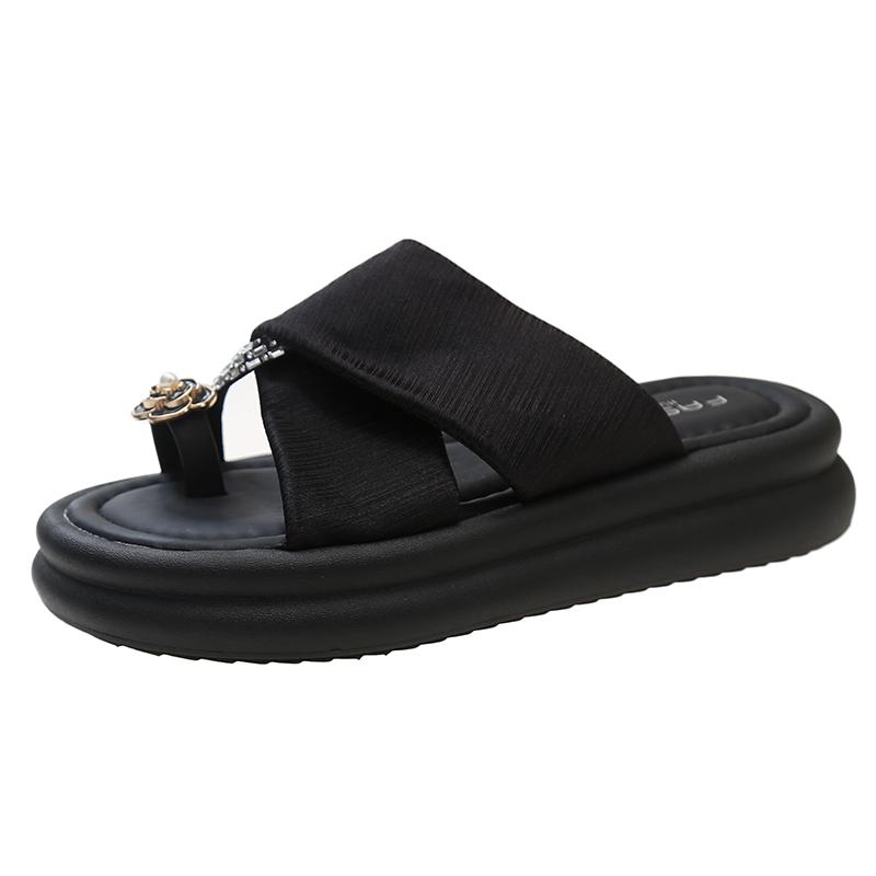 Round Head Set Toe Slip-on Metal Decoration Soft Bottom Soft Surface Thick Bottom 2024 Summer New Fashion Women's Slippers
