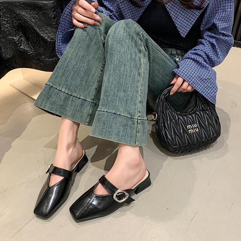 Women's Outdoor Summer Spring Square Head Slip-On Sandals with Buckle Casual Thick Heel Covered Toe Semi-Slipper