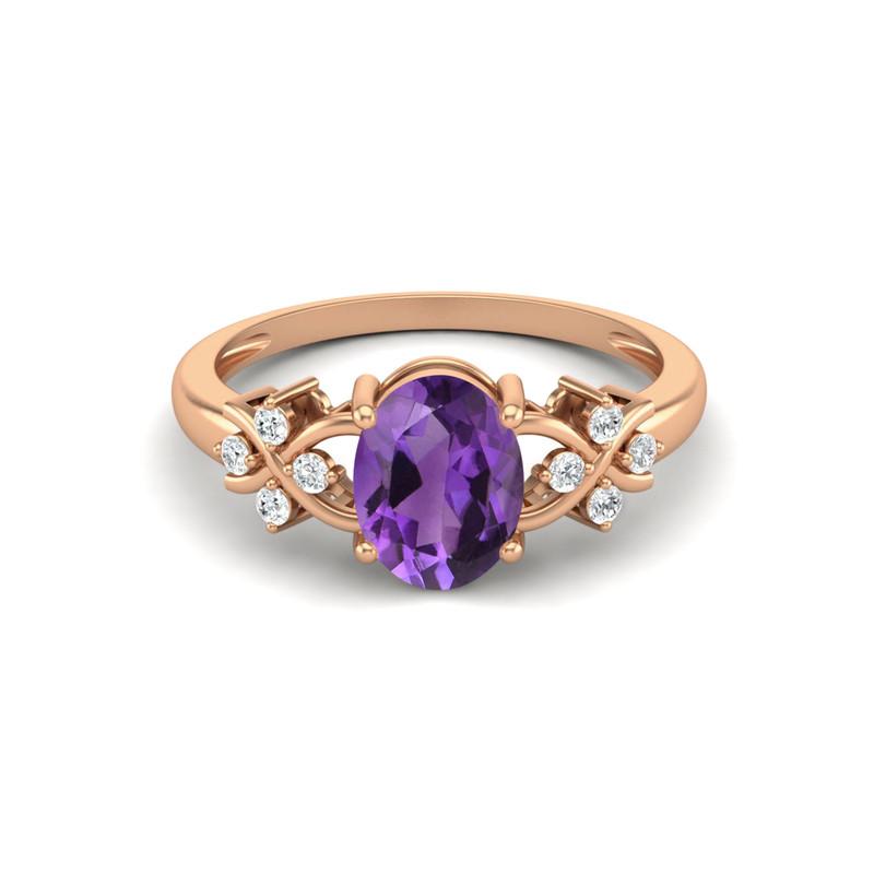 8X6MM Oval Amethyst Gemstone 925 Sterling Silver Rose Plated Solitaire Vine-Inspired Women Wedding Ring