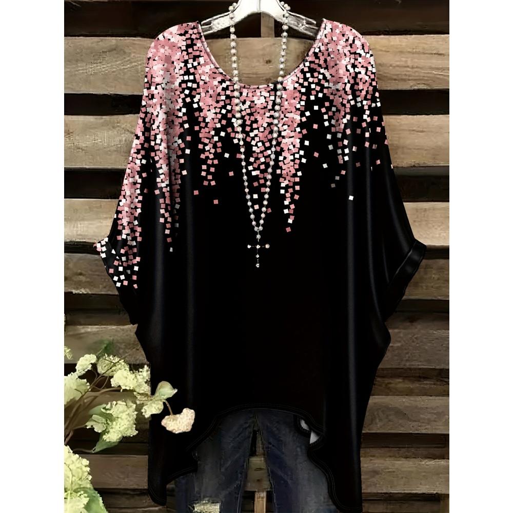 Women's Bohemian Flower Print T-Shirts Black Colorful Retro Full Body Graphic Y2k T-Shirts Summer Asymmetric Hemp&o- Neck Tops