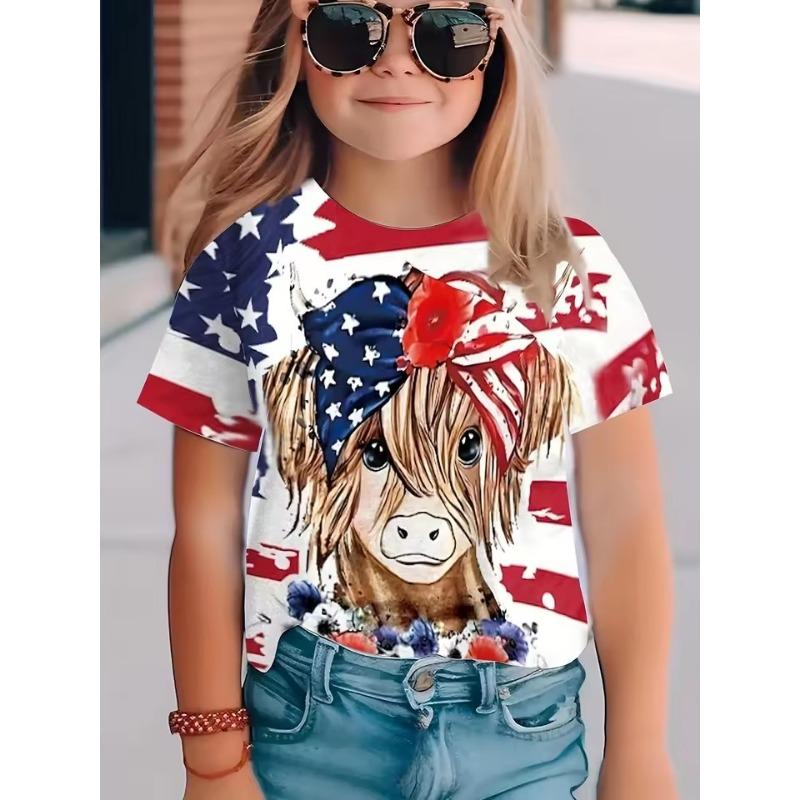 Children's Clothing Girl T-Shirt Short Sleeve Child T-Shirt Cute Animals Print Casual Round Neck Girl Tops Kids Summer Clothes