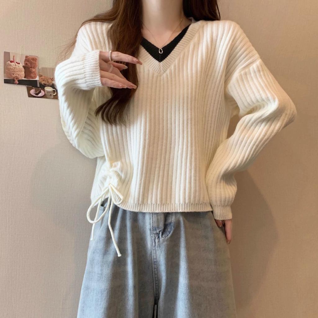 Knitted Sweater Women's Autumn  Winter Versatile Slimming V-neck Long Sleeved Fake Two-piece Drawstring Sweater